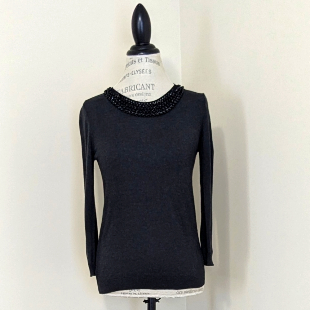 Ann Taylor black knit long sleeve beaded neckline pullover lightweight sweater